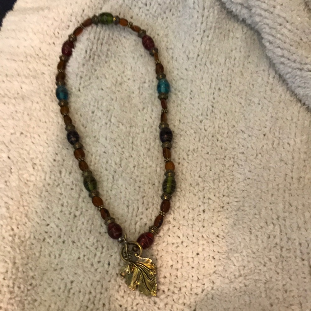 Artisan Multicolor Beaded Necklace with Gold Leaf Charm